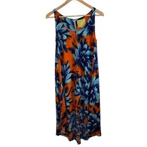 MAEVE ANTHROPOLOGIE ORANGE AND BLUE FLORAL HI-LOW SLEEVELESS DRESS SIZE 2